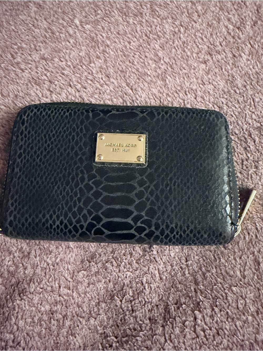 Michael Kors Black Snake-Embossed Zip-Around Wallet with Gold Plaque